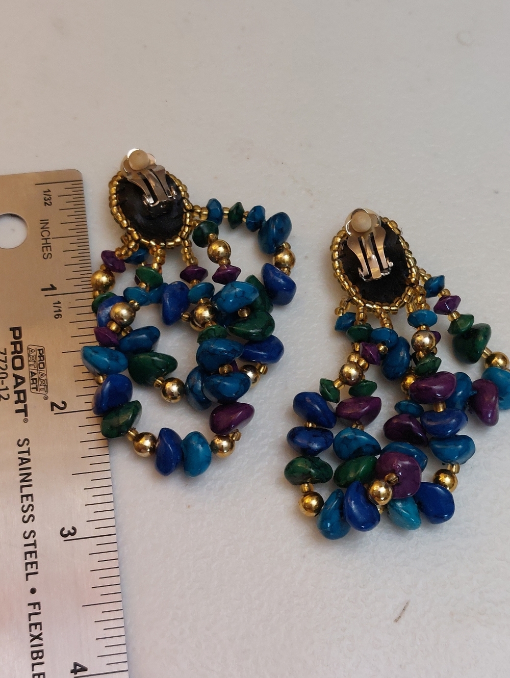 Vintage Southwest Inspired Clip On Earrings Faux Turquoise Cabochon Beaded Hoops - Picture 6 of 6
